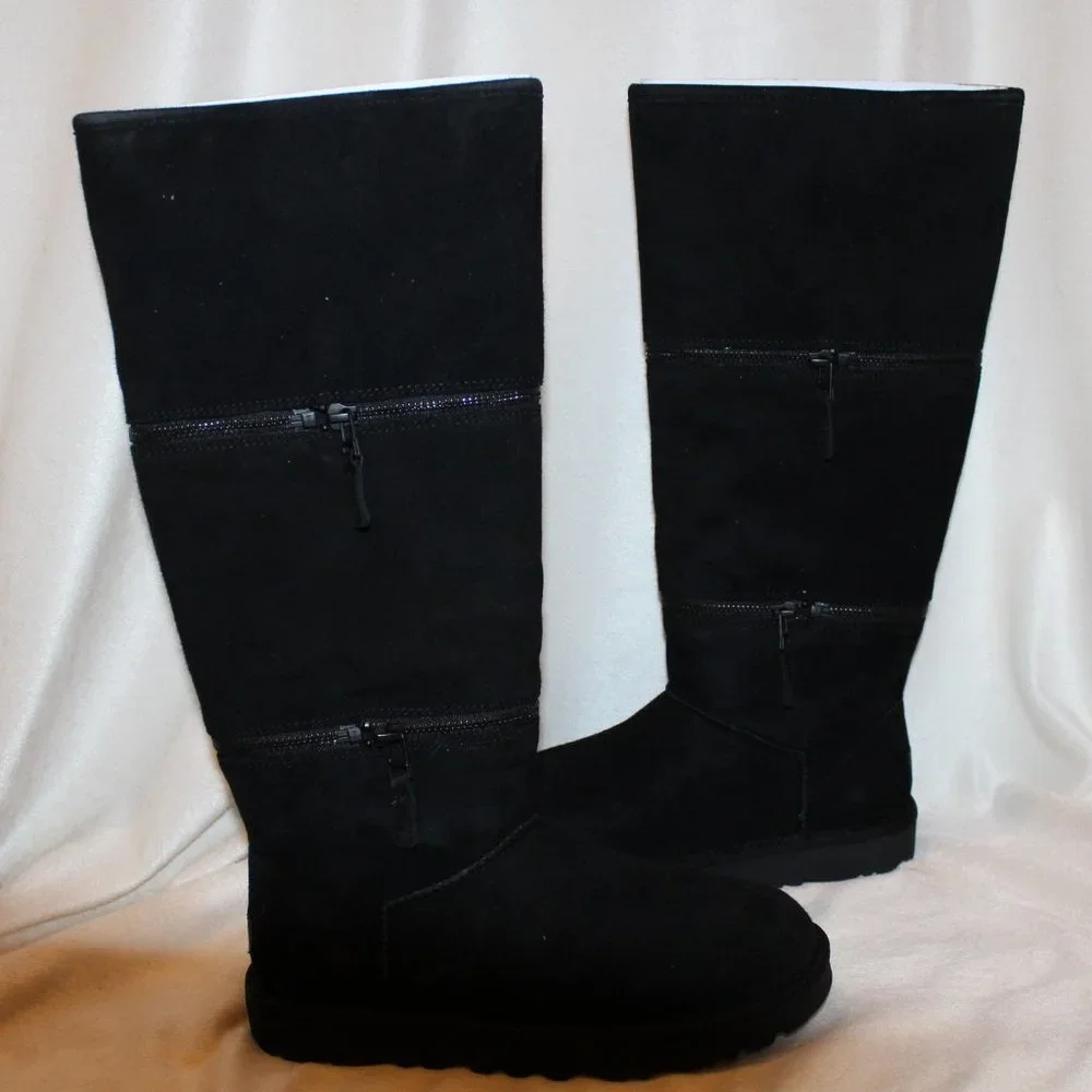 NIB UGG WOMEN'S‎ ULTRA TALL SUEDE SHEARLING LINED ZIPPER ACCENT BOOTS BLACK